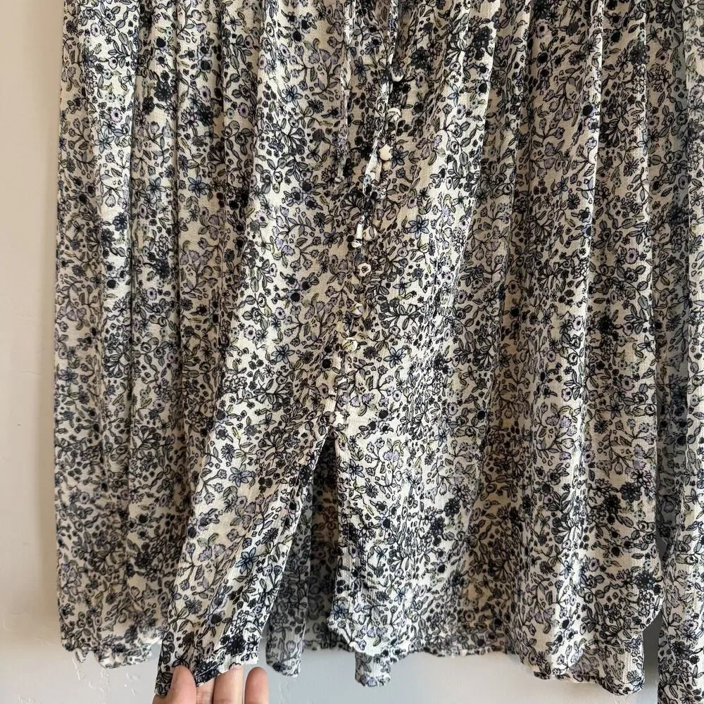Free People Long Sleeve Floral Smocked Blouse Blue Size M Boho Summer Top